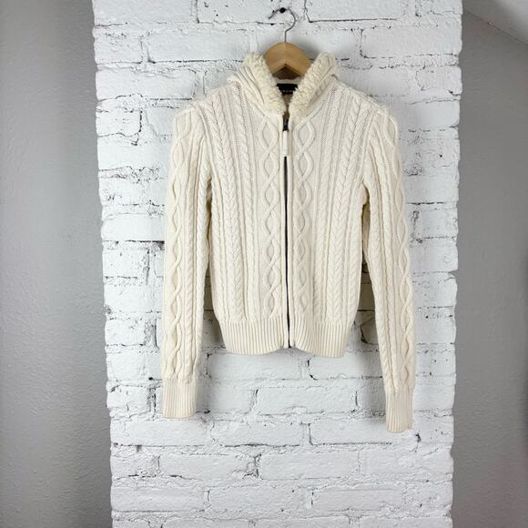 Vintage Jackets & Blazers - Vintage Y2K DKNY Cable Knit Faux Fur Fisherman Hooded Sweater Jacket S